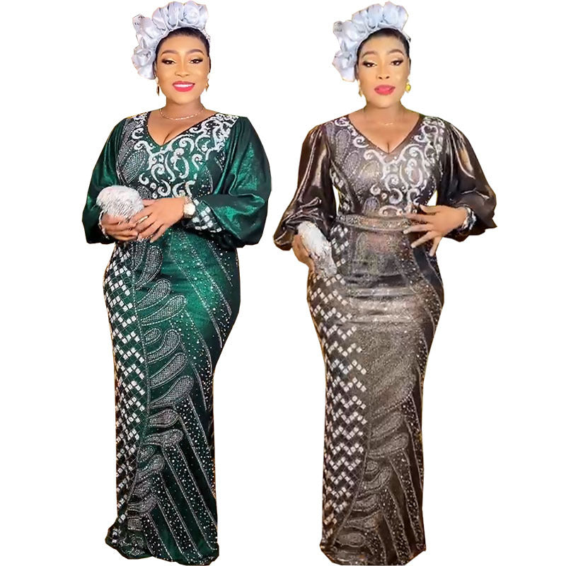 African cross-border supply  new arrival hot diamond v neck silm fishtail long skirt dress evening hot diamond rhinestone performance