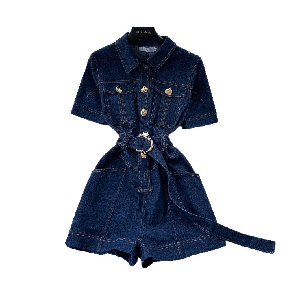 Korean style commute-inspired denim jumpsuit: high-waisted, slim-fit, metallic buckle detail, multi-pocket design
