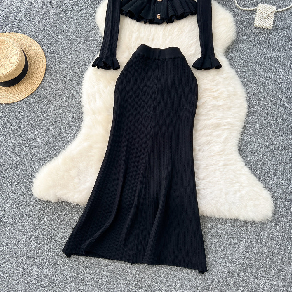 Xiaoxiangfengsuitfemalefall and winter celebrity classy sense waist lotus leaf hem knittingcardiganhigh waist hip skirt