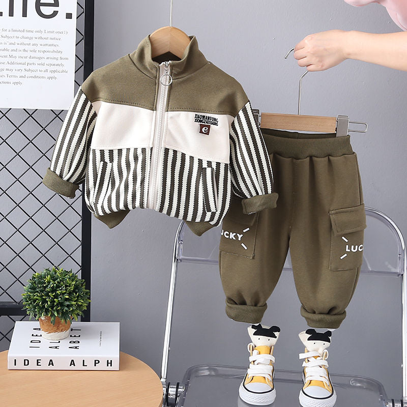 Boys' korean style new autumn/winter fleece-lined set - trendy printed boy's fashionable sweatshirt and sweatpants two-piece outfit