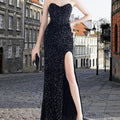 spring collection: new cross-border export product - iridescent sequin back tie-up bustier style side slit bandeau fishbone evening gown