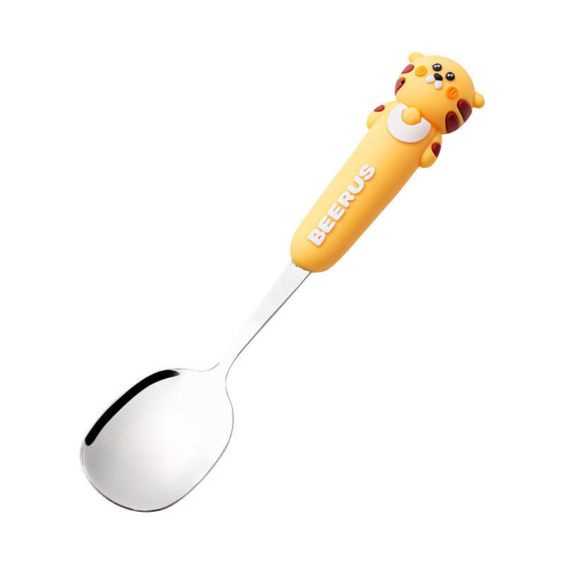 High-quality, adorable cartoon children's cutlery set featuring a cute bear design. includes a fork, spoon, and is perfect for school lunches. made of durable silicone, these portable forks and spoons are available for wholesale