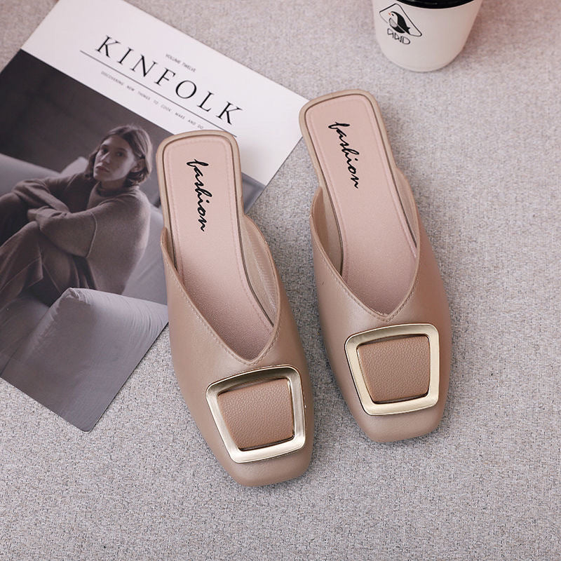 Square buckle toe half slippers women's fashionoutwear 2024new arrivalmuller flat heel buckle square toe lazy sandals women's shoes