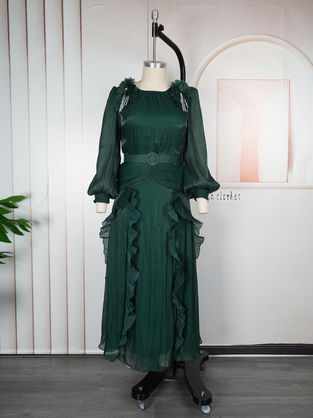 fashionfashionelegantflower dress african export  plus size women's pleated long sleevesdress