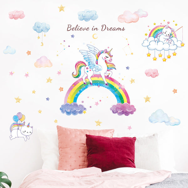 New wall sticker cartoon rainbow unicorn children's room girl heart door background decorative sticker HT94004