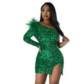 C6719 cross-border   fashion women's sexy one-shoulder sequin slit bodycon dress