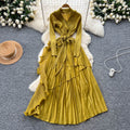 Miya pleated european and american dress women's  autumn sense of design strappy waist suit collar asymmetrical long skirt