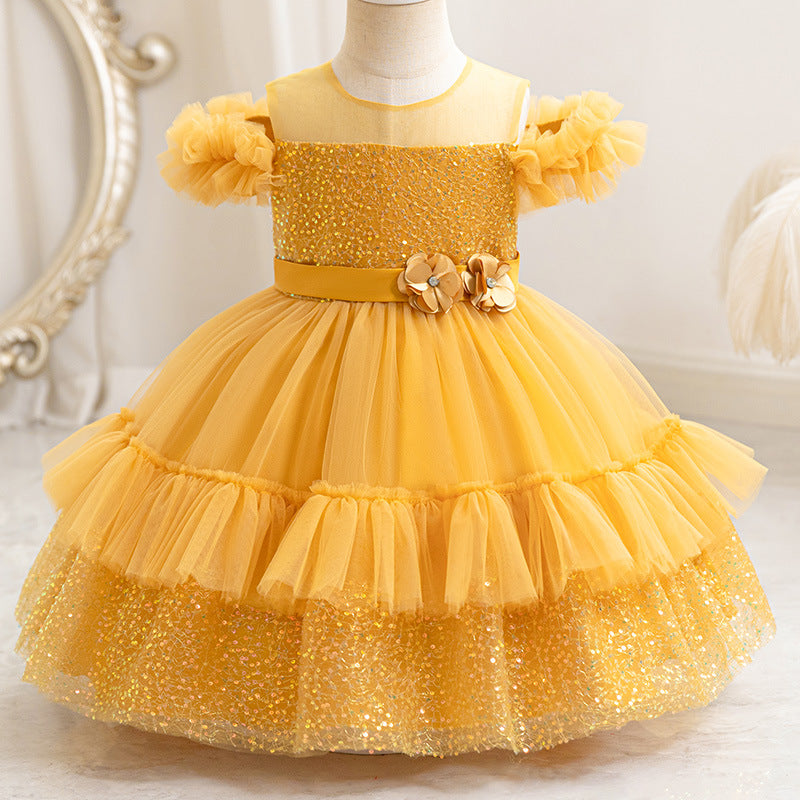 Ready-to-ship toddler & little girl's evening gown - off-the-shoulder sequin princess dress - first birthday dress - girl's dress