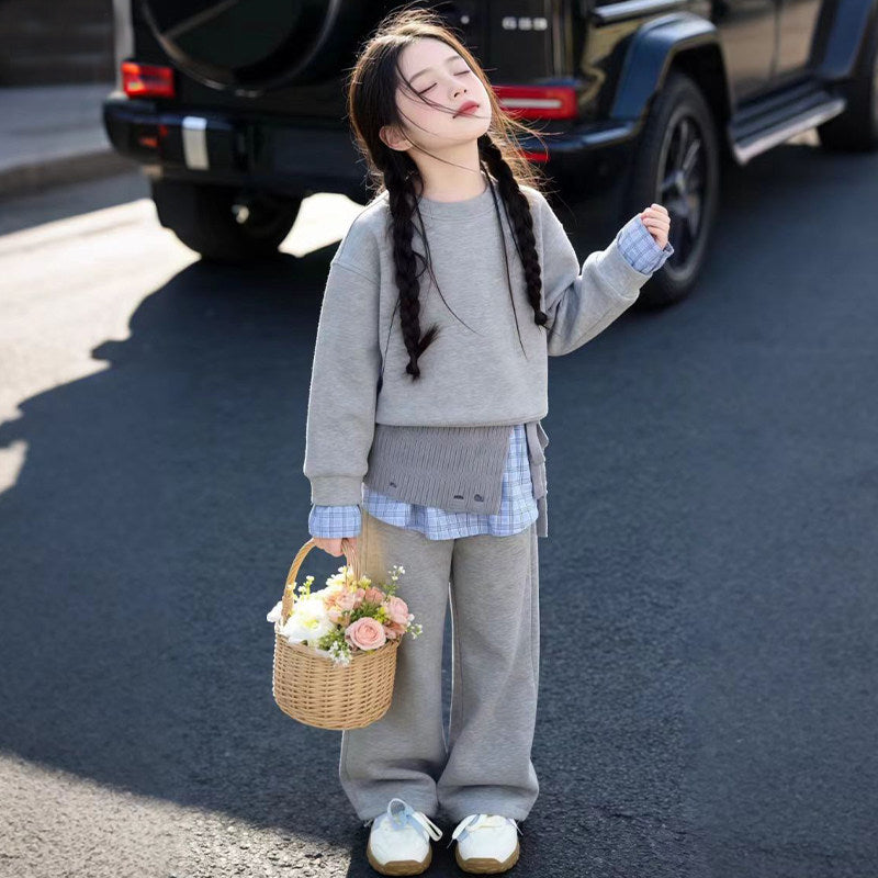 Girls' spring  new collection: korean style retro patchwork three-piece set - sweatshirt & wide-leg pants outfit for mid-to-large children - trendy style