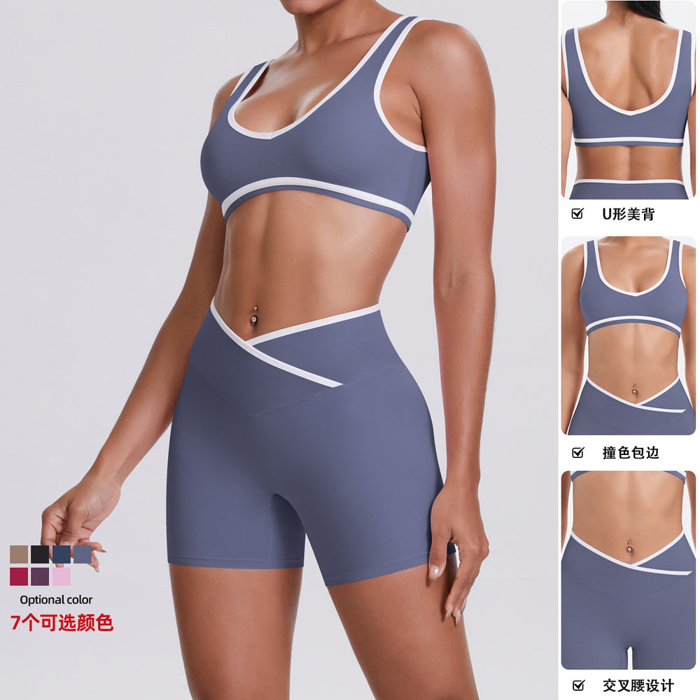 New arrival nude contrast colorpatchwork yoga clothes cross high waist butt lift shorts sports back suit running fitness clothes