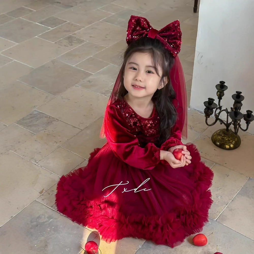 【ready to ship】girls' winter dress  - stylish tulle skirt with sequins, fleece-lined new year's outfit, trendy style