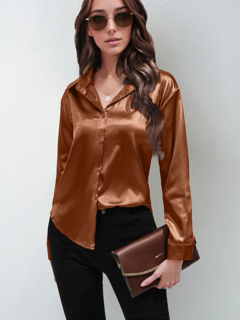Satin shirt women's satinartificial silk long sleeves  best sellingpure colortopselegance button front lapel shirt