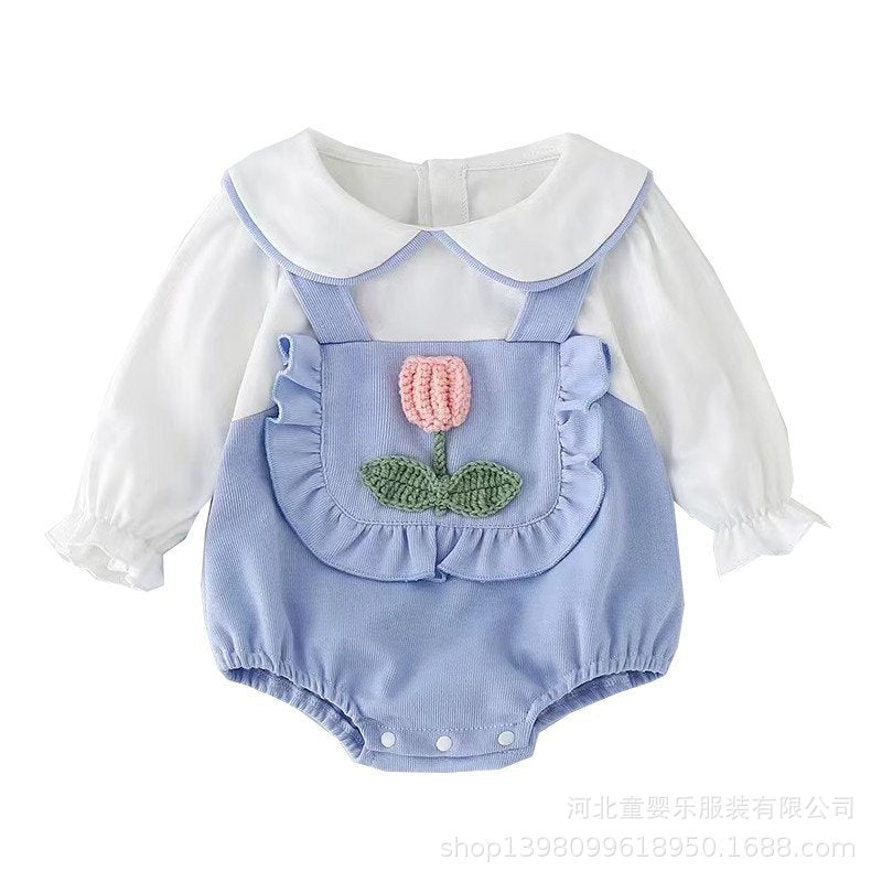 Infant spring & fall long-sleeve bodysuit, baby's 100-day & first birthday outfit, one-piece romper, fresh & cute faux overalls crawling suit