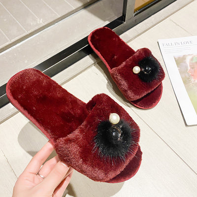2024 new fuzzy slippers for women - wholesale direct from manufacturer, korean style one-strap slides, perfect for home or outdoor wear, pearl embellished flat fuzzy slippers