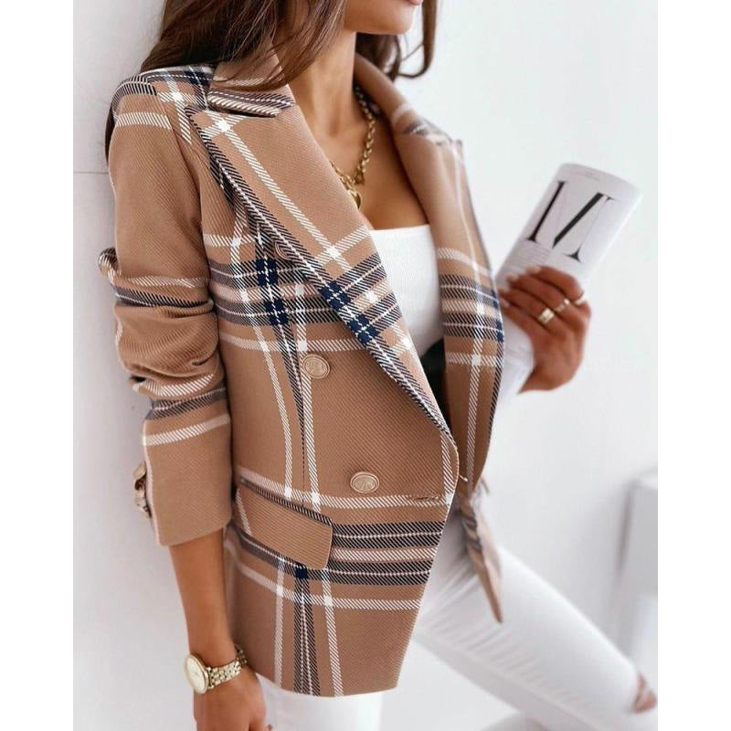 Fall and winternew arrivallong sleeves double-breasted fashioncasualprinting small suit women's silmwoolenoutwear