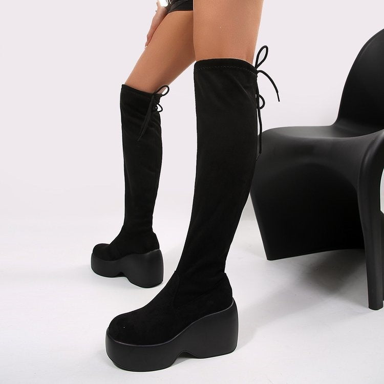 European and american style punk solid color high boots for women,  autumn/winter new collection, leather stretch wedge heel platform over-the-knee boots