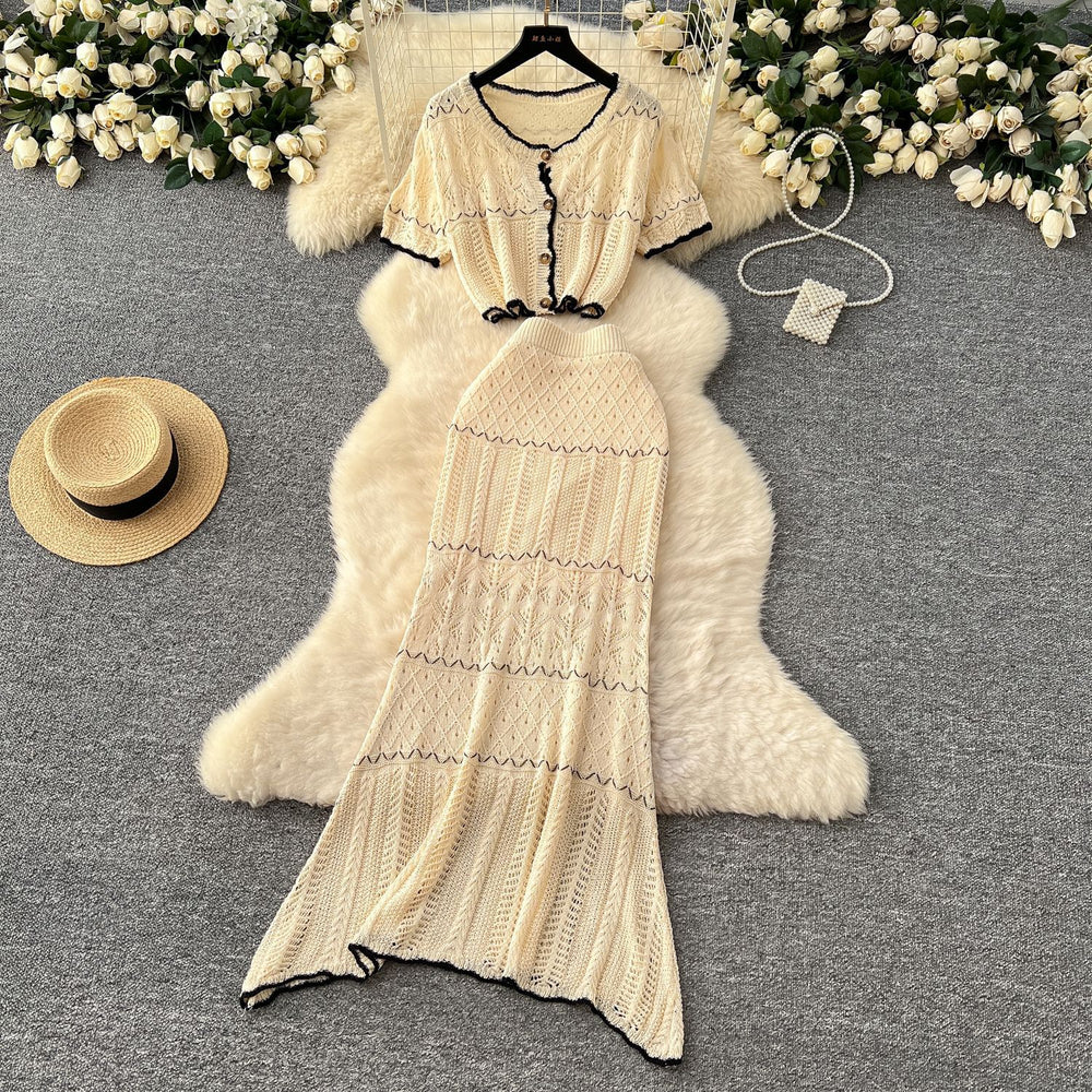 Korean style age-reducing set: women's gentle style hollow-out crochet round neck cropped knit top + high-waisted bodycon midi skirt