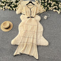 Korean style age-reducing set: women's gentle style hollow-out crochet round neck cropped knit top + high-waisted bodycon midi skirt