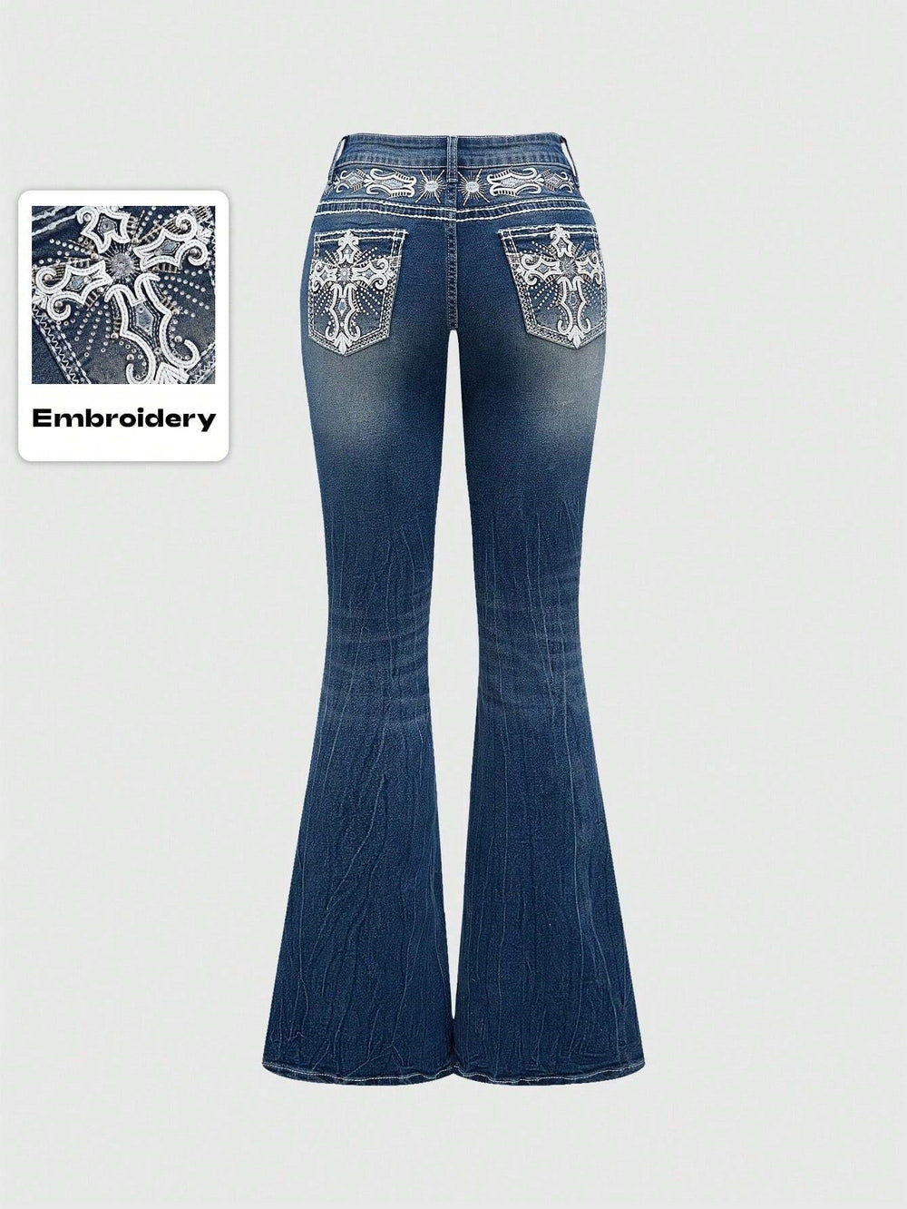 European and american western style heavy embroidery rhinestone flare jeans - women's high waist vintage washed slim fit bootcut