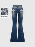 European and american western style heavy embroidery rhinestone flare jeans - women's high waist vintage washed slim fit bootcut