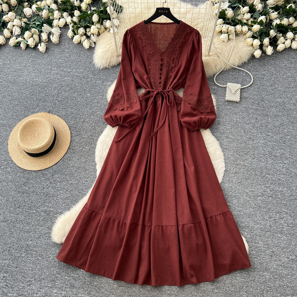 French chic lantern sleeve crochet embroidered dress - women's summer korean style tie-waist a-line maxi dress