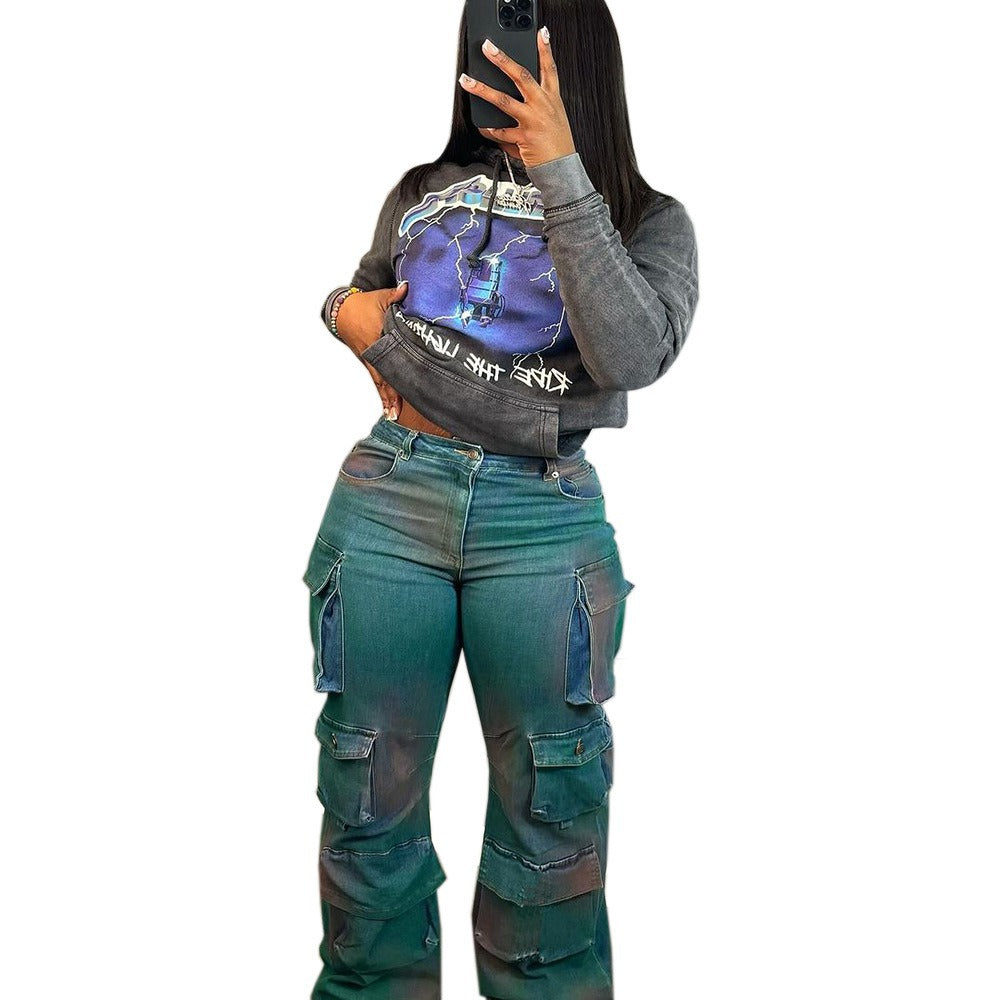 European and american cross-border women's fashion:  bestseller - trendy, unique, multi-pocket tie-dye denim jeans, high-waisted straight leg