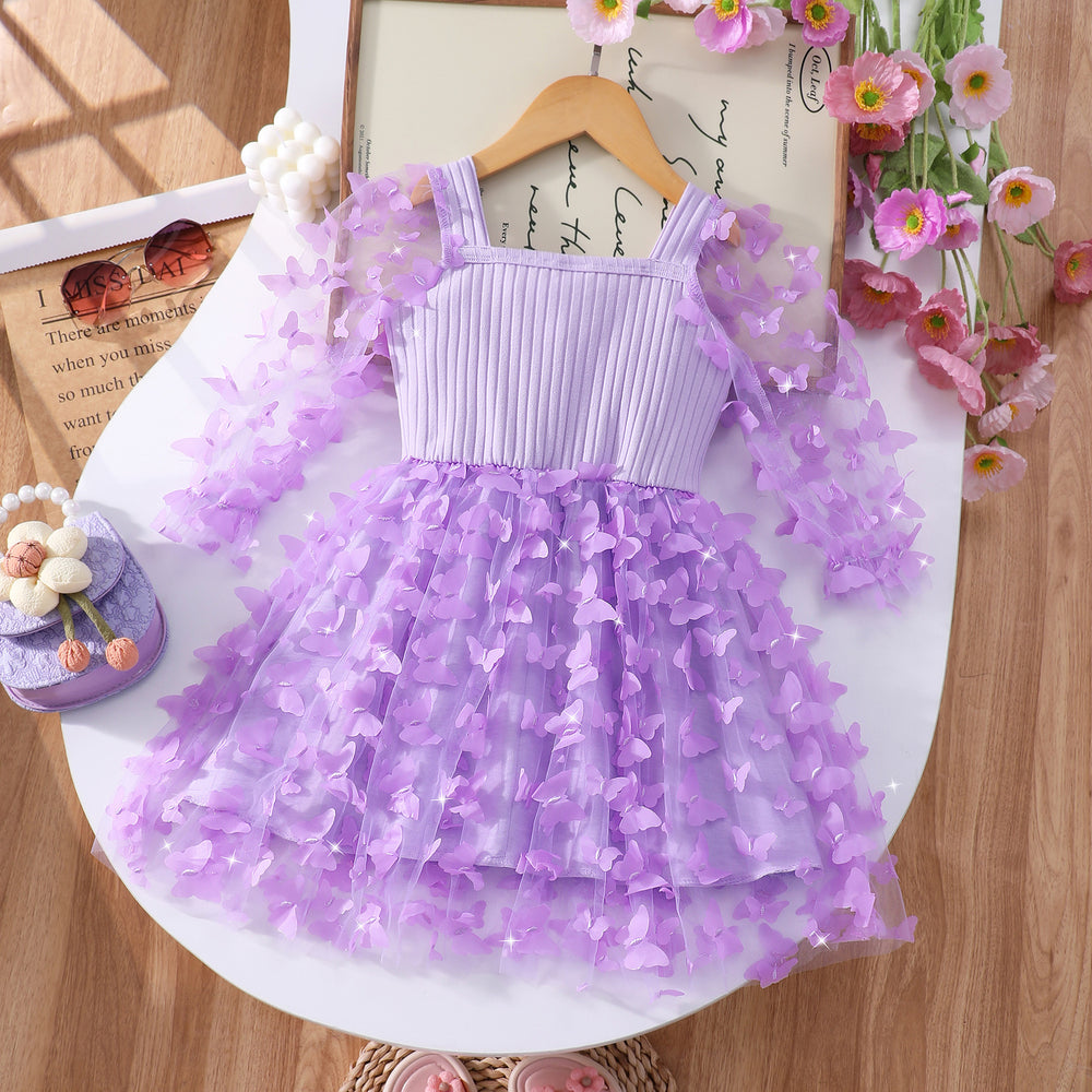 Girls' dress for toddlers and young children, 3d butterfly long sleeve mesh dress