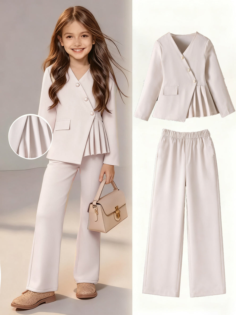 girls' two-piece set: off-white, asymmetrical, wrap-front jacket and trousers, autumn pantsuit for kids