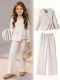 girls' two-piece set: off-white, asymmetrical, wrap-front jacket and trousers, autumn pantsuit for kids