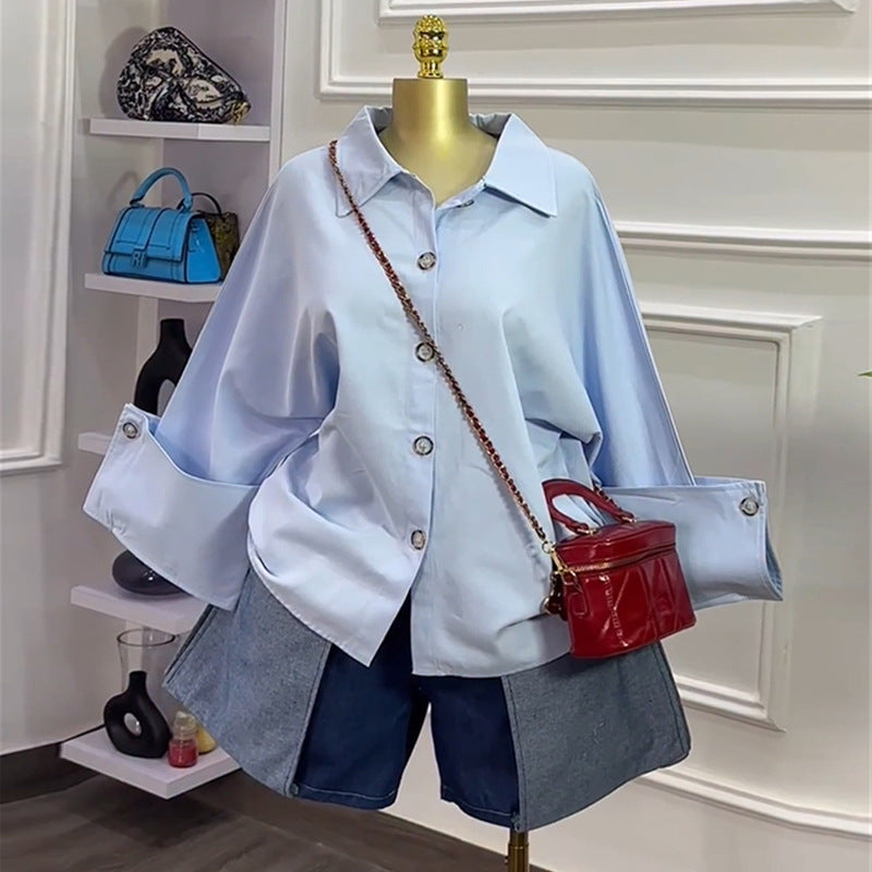 European and american cross-border women's fashion:  summer new arrival - stylish, high-end, collared, loose-fit, blue long-sleeve shirt top