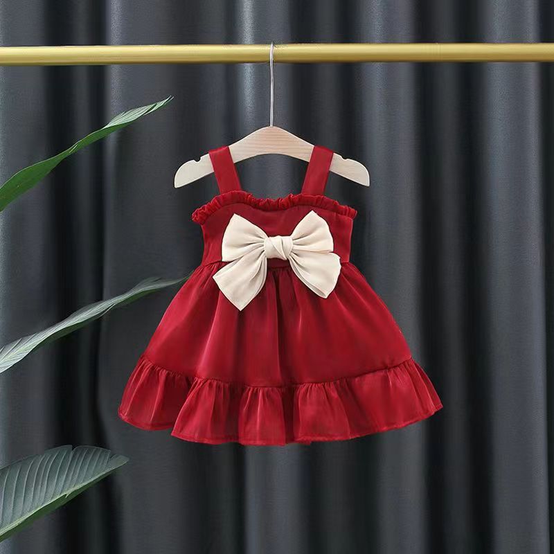 Baby girl red suspender dress summer children's summer one shoulder off shoulder dress girl summer princess dress