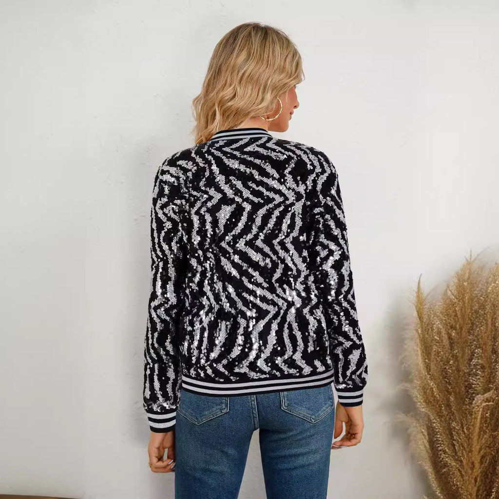 10391 Cross-border Europe, America,  autumn and winter women's clothing silver sequined long-sleeved baseball jersey