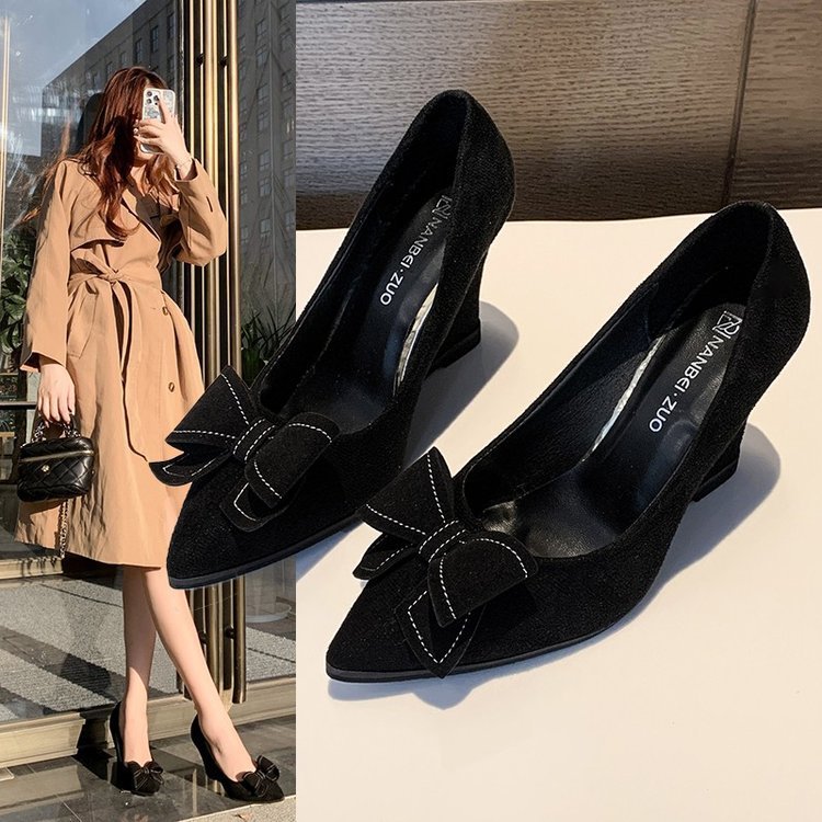 2025 spring/autumn new korean style bowknot platform wedge heel pointed toe flats for women