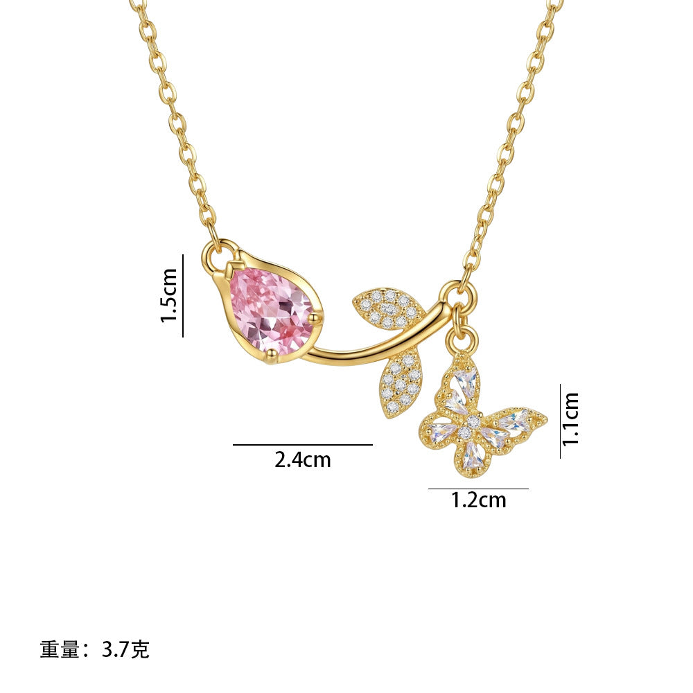 Popular and versatile copper-inlaid zirconium full-diamond tulip butterfly necklace for women, accessible luxury niche elegant clavicle chain jewelry