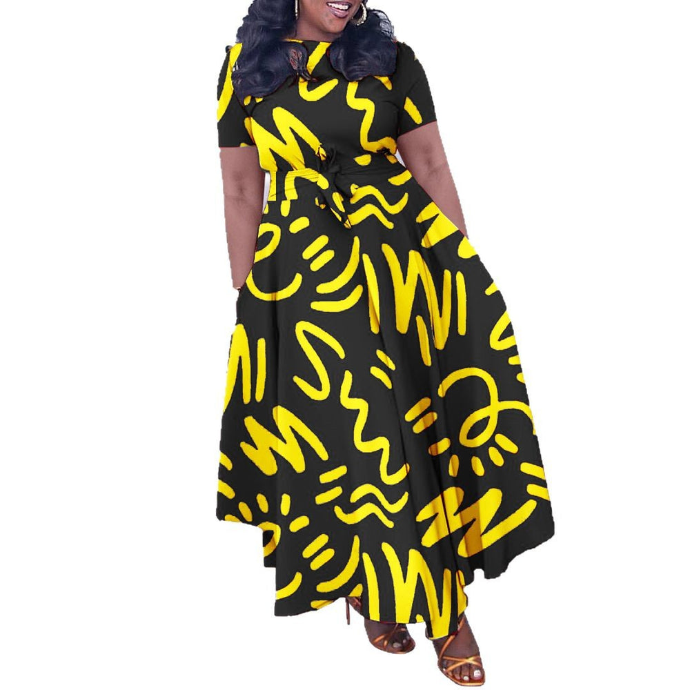 C8619 cross-border women's clothing  new fashion elegant lace-up african print short-sleeved large swing foreign trade dress