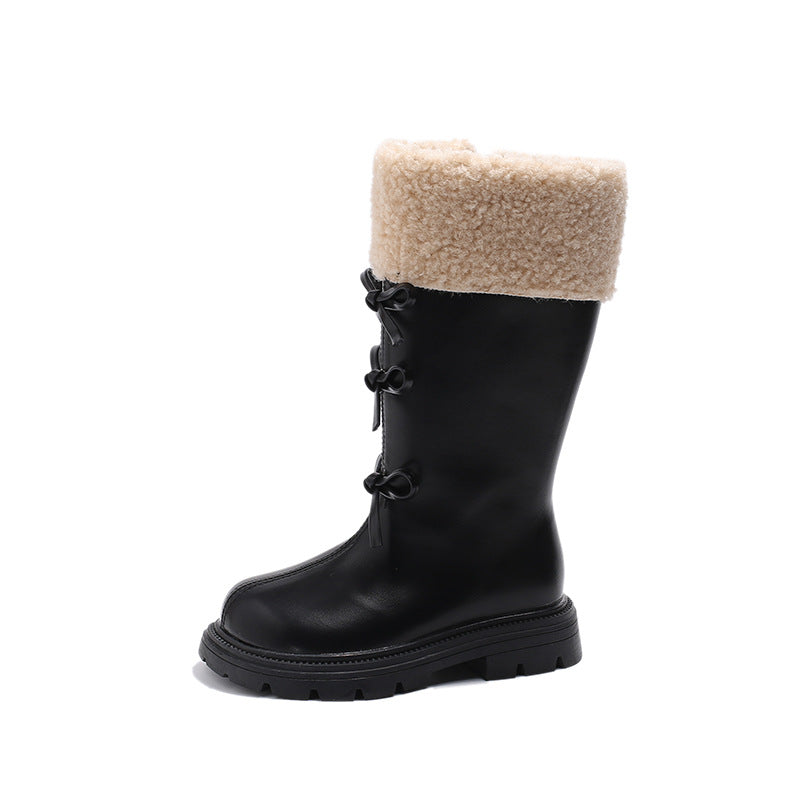 ins girls boots 2025 winter new Korean version velvet children's high boots sweet bow princess boots