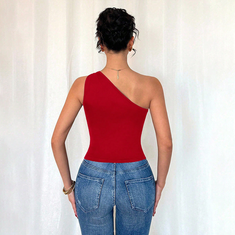European and american cross-border e-commerce red tank top - summer sleeveless one-shoulder slim-fit metallic detail t-shirt top