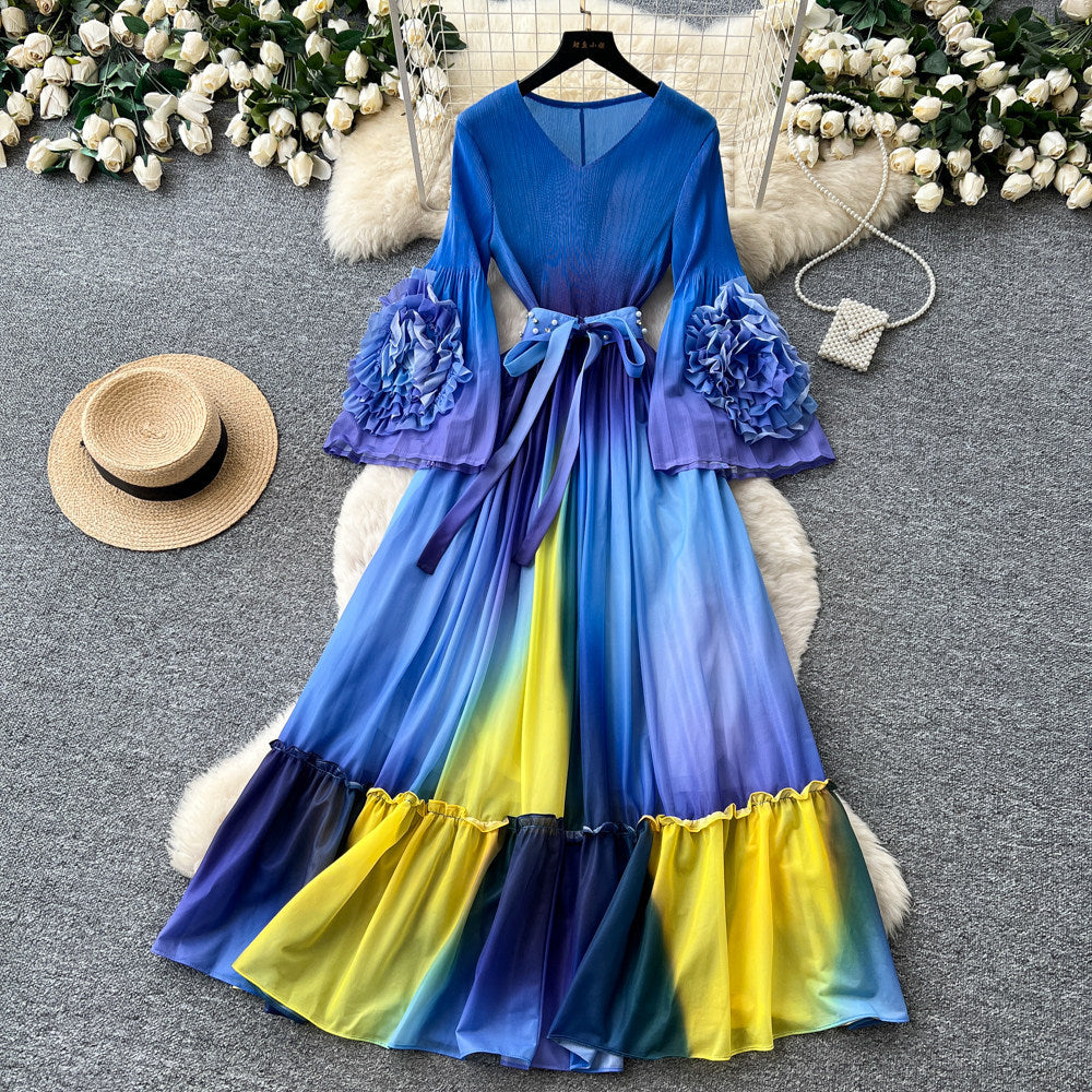 Vacation-style purple floral print dress for women, spring long-sleeved high-waisted a-line dress with a cinched waist and ruffle hem maxi skirt