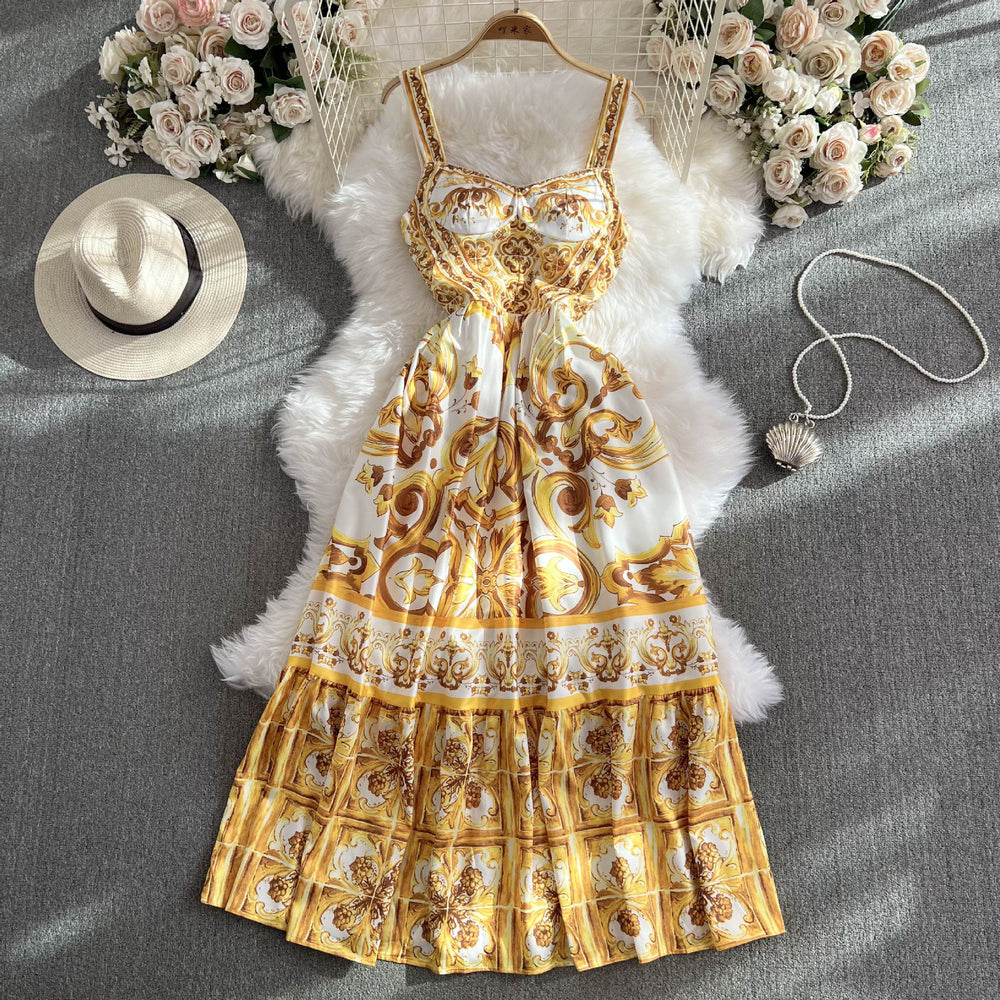 Ethnic style waist slimming lookelegant suspender dress summer women's clothing classy sense printing beautiful a-line long skirt