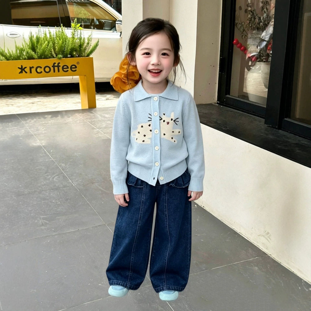Girls' casual outfit:  autumn/winter cartoon kitten knit sweater, trendy and stylish two-piece set for kids