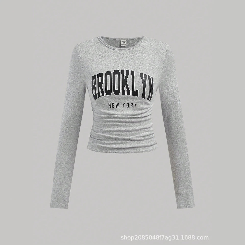 American retro letter print long sleeve t-shirt - women's cinched waist cropped bodycon top