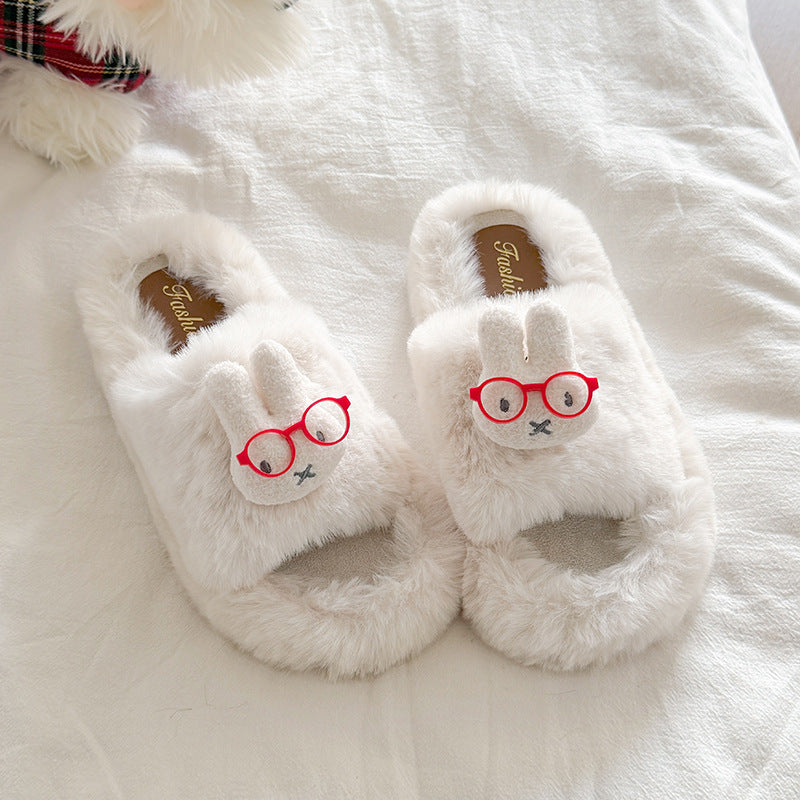 Glasses rabbit cute furry slippers women's korean style trendy cotton slippers comfortable casual thick sole warm home slippers