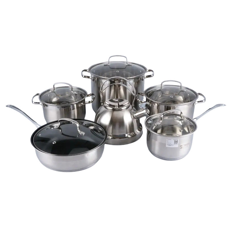 new compound bottom stainless steel pot kitchen simple frying pan soup pot milk pot with lid twelve-piece set wholesale