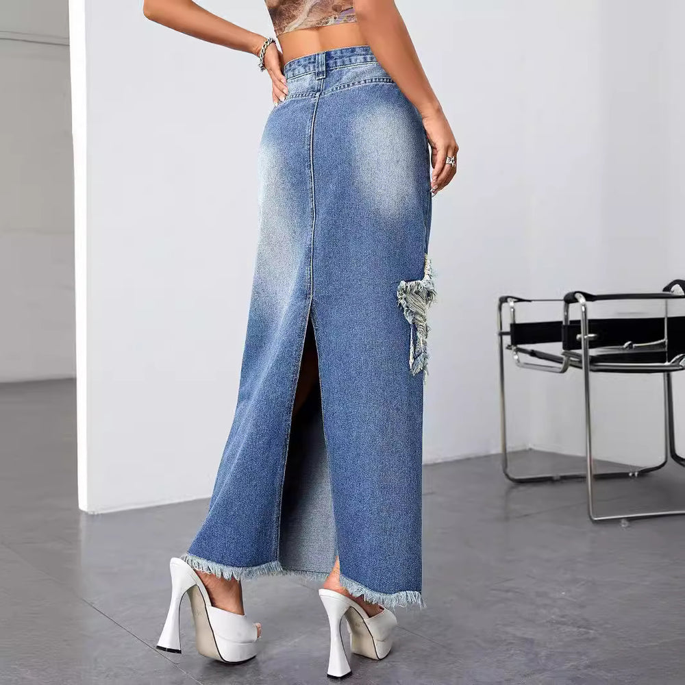 Export denim skirt new arrival hot-selling raw edge washed skirt slit star denim skirt