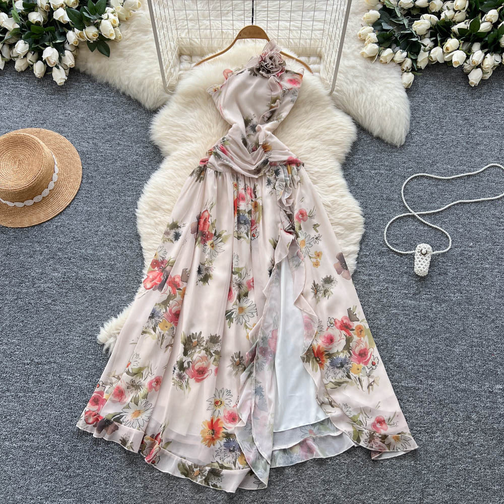 Atmosphere stereo flower halter oblique shoulder suspender dress female french pure desire waist elegant slit floral skirt