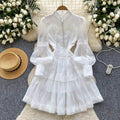 French court style lantern sleeve dress - spring crochet embroidery design - elegant, luxurious, and sophisticated long dress for women