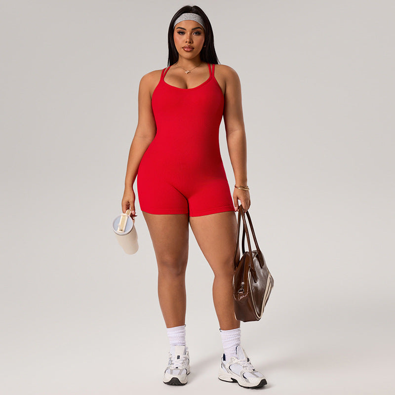 European and american style plus size yoga bodysuit - summer stretch tummy control peach lift one-piece workout jumpsuit - new women's collection