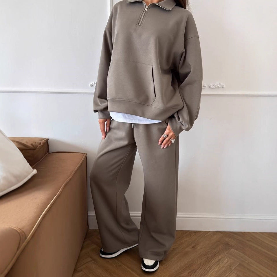 European and American  leisure women's cotton-containing set zipper lapel pullover sweater strap straight wide-leg pants two-piece set