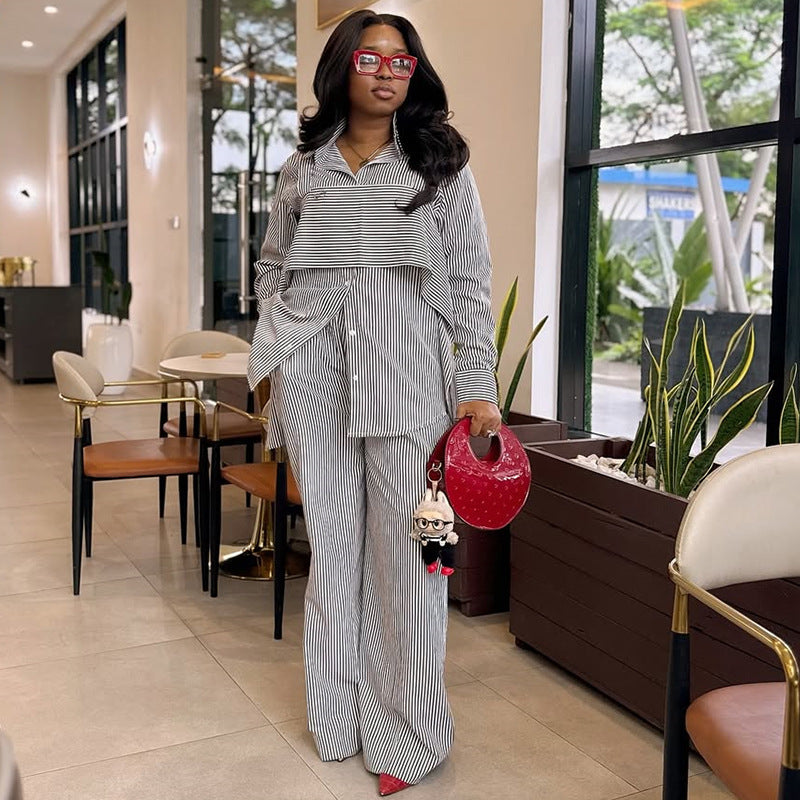 European and american cross-border women's fashion:  autumn new collection - stylish striped long-sleeve shirt and wide-leg pants set