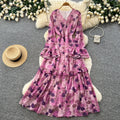 French riviera-inspired printed v-neck dress - women's long sleeve tie-waist maxi dress - slim fit, work-ready